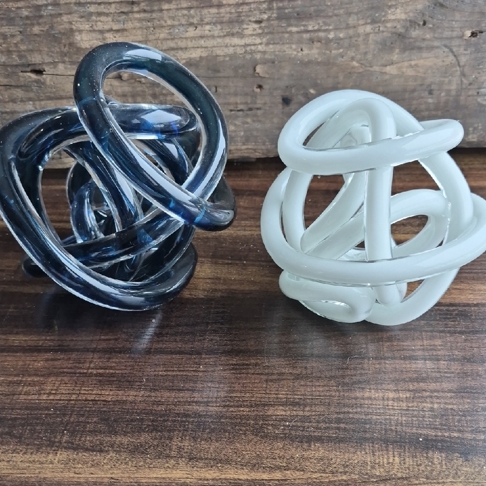 a Pair of Glass Knot Sculptures in Blue and White